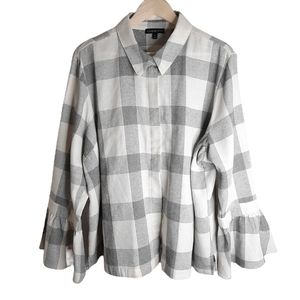 Lane Bryant Blouse Shirt Button Down Ruffle Black Gray Plaid Women's Plus Sz 22
